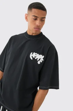 Oversized Contrast Stitch Puff Print Half Sleeve T-shirt | UK^boohooMAN New