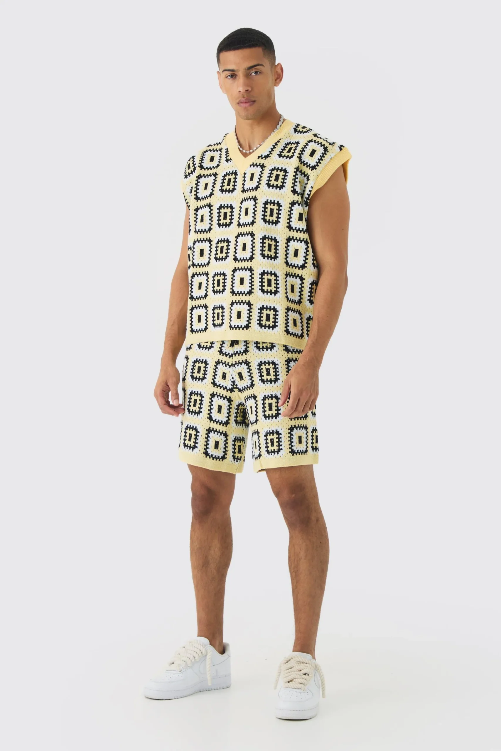 boohooMAN Oversized Crochet Knit Tank And Short Set | UK| Sets & Co-Ords|Tracksuits