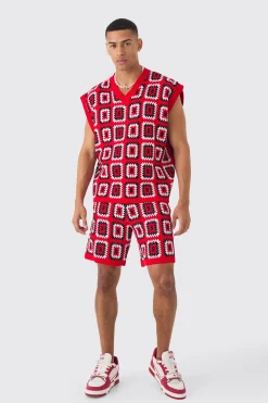 boohooMAN Oversized Crochet Knit Tank And Short Set | UK| Sets & Co-Ords|Tracksuits