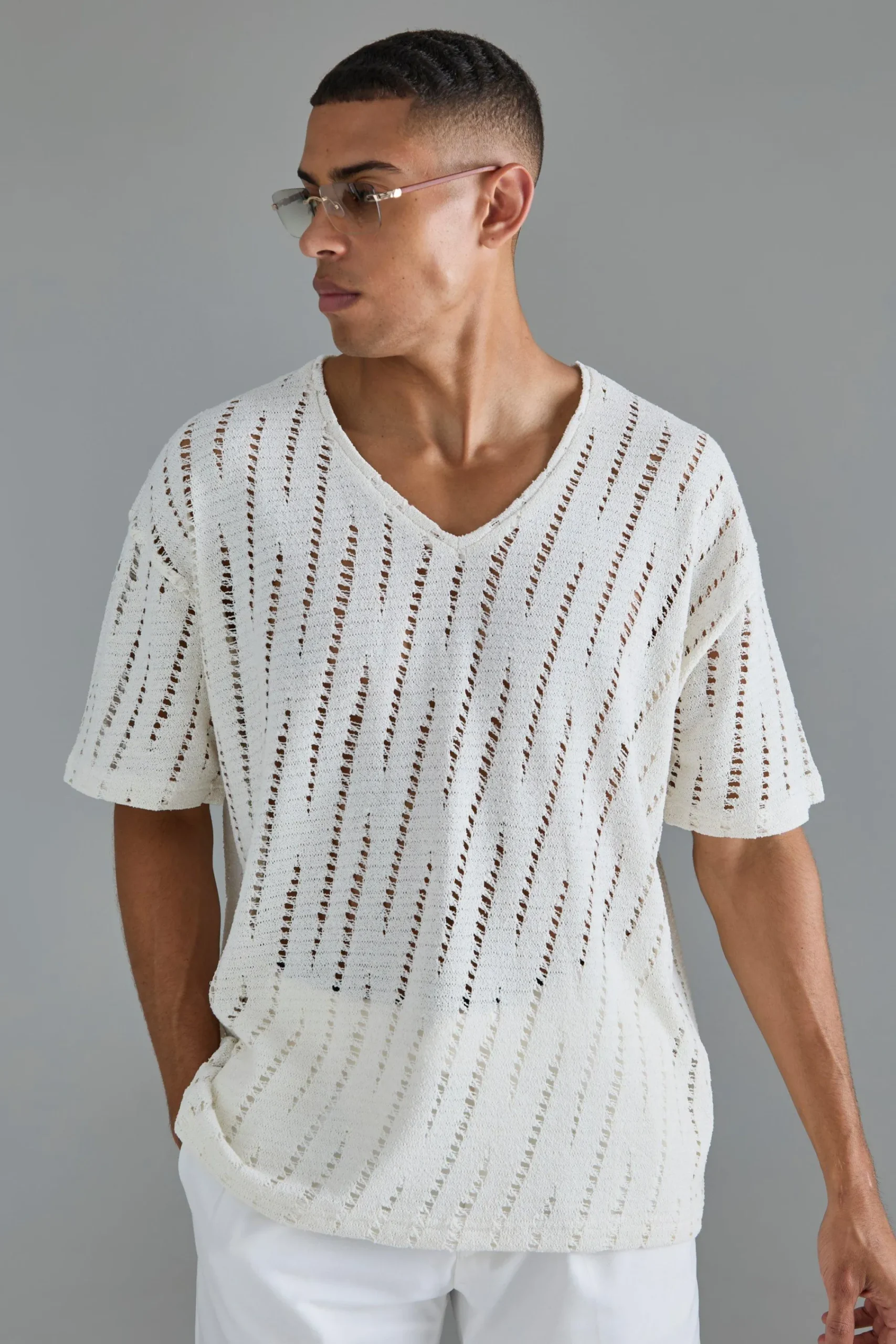 Oversized Deep V Extreme Distressed T-shirt | UK^boohooMAN