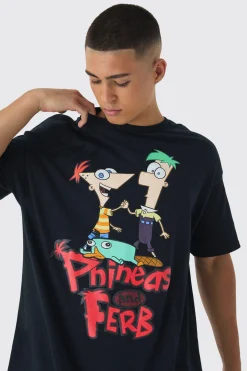 Oversized Disney Phineas And Ferb Wash License Print T-Shirt | UK^boohooMAN