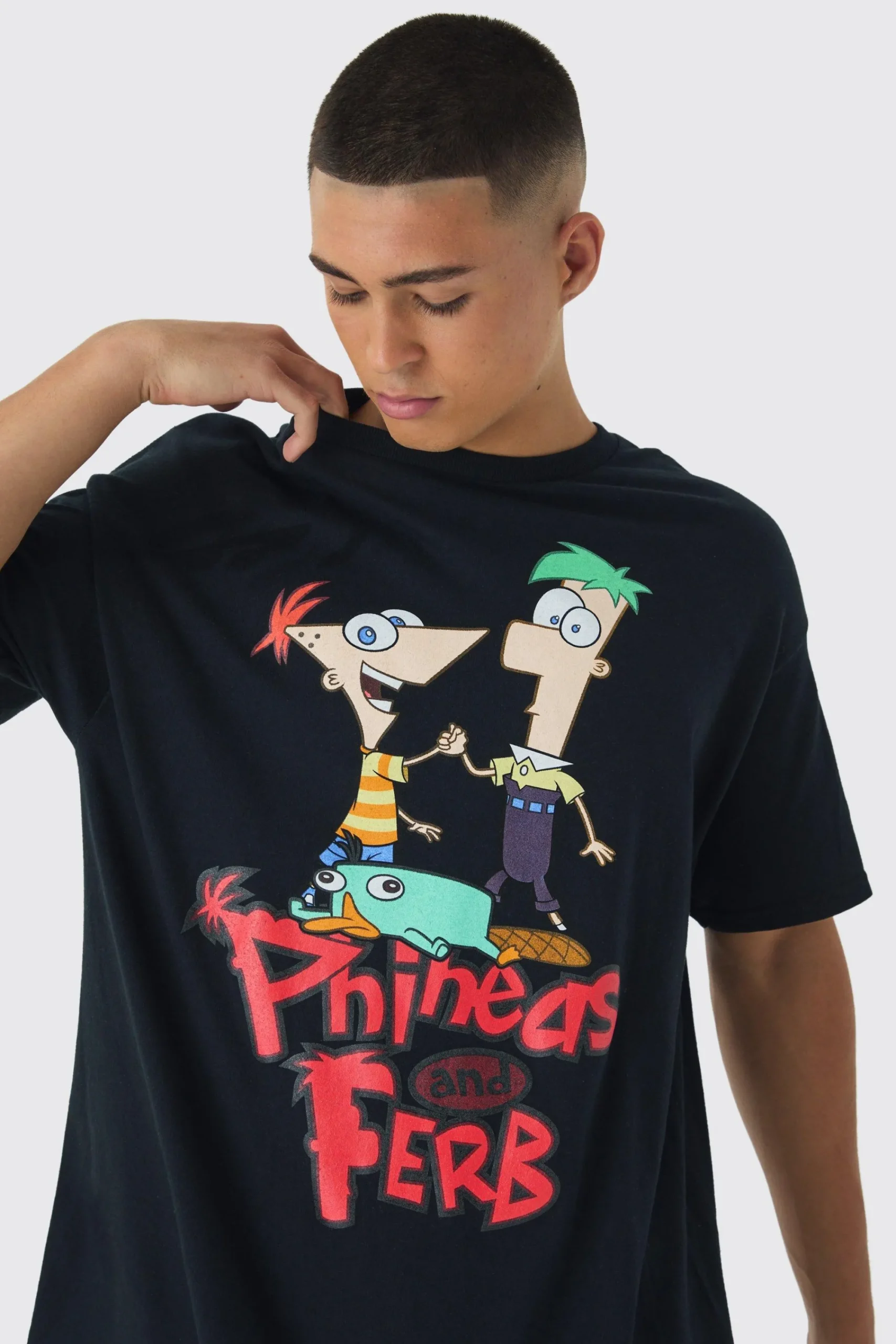 Oversized Disney Phineas And Ferb Wash License Print T-Shirt | UK^boohooMAN
