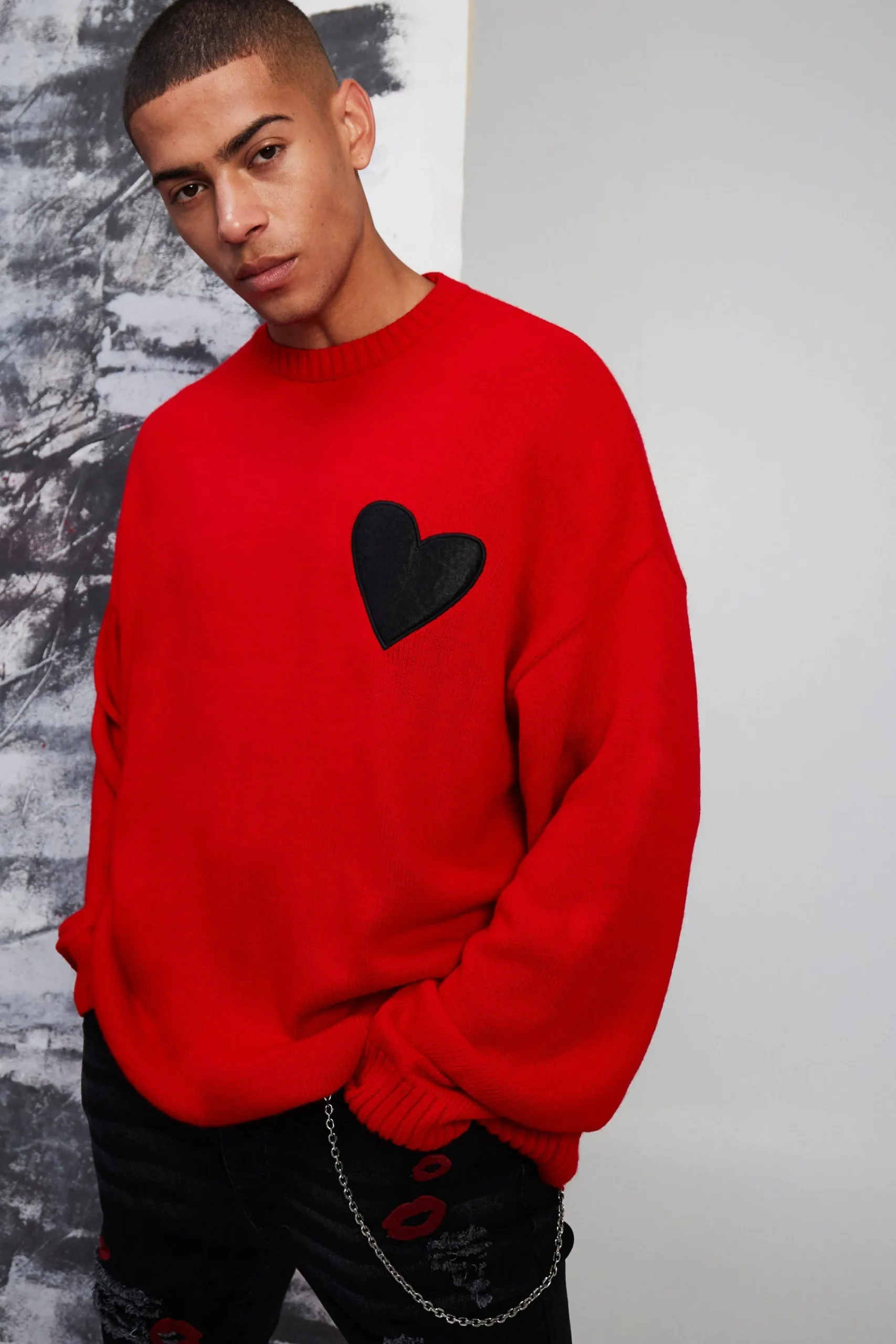boohooMAN Oversized Distressed Hem And Heart Detail Jumper | UK| Knitwear