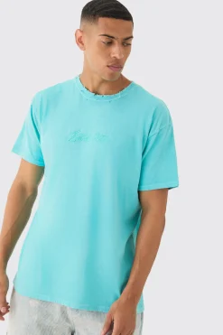Oversized Distressed Neck Embroidered T-shirt | UK^boohooMAN Clearance