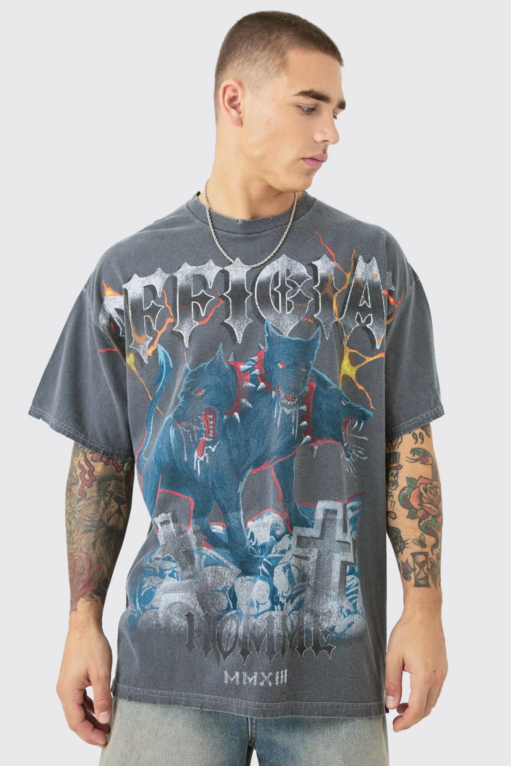 Oversized Distressed OFFCL Homme Wash Graphic T-shirt | UK^boohooMAN Hot