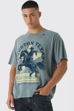 Oversized Distressed Western Print Washed T-Shirt | UK^boohooMAN Discount