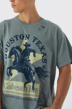 Oversized Distressed Western Print Washed T-Shirt | UK^boohooMAN Discount