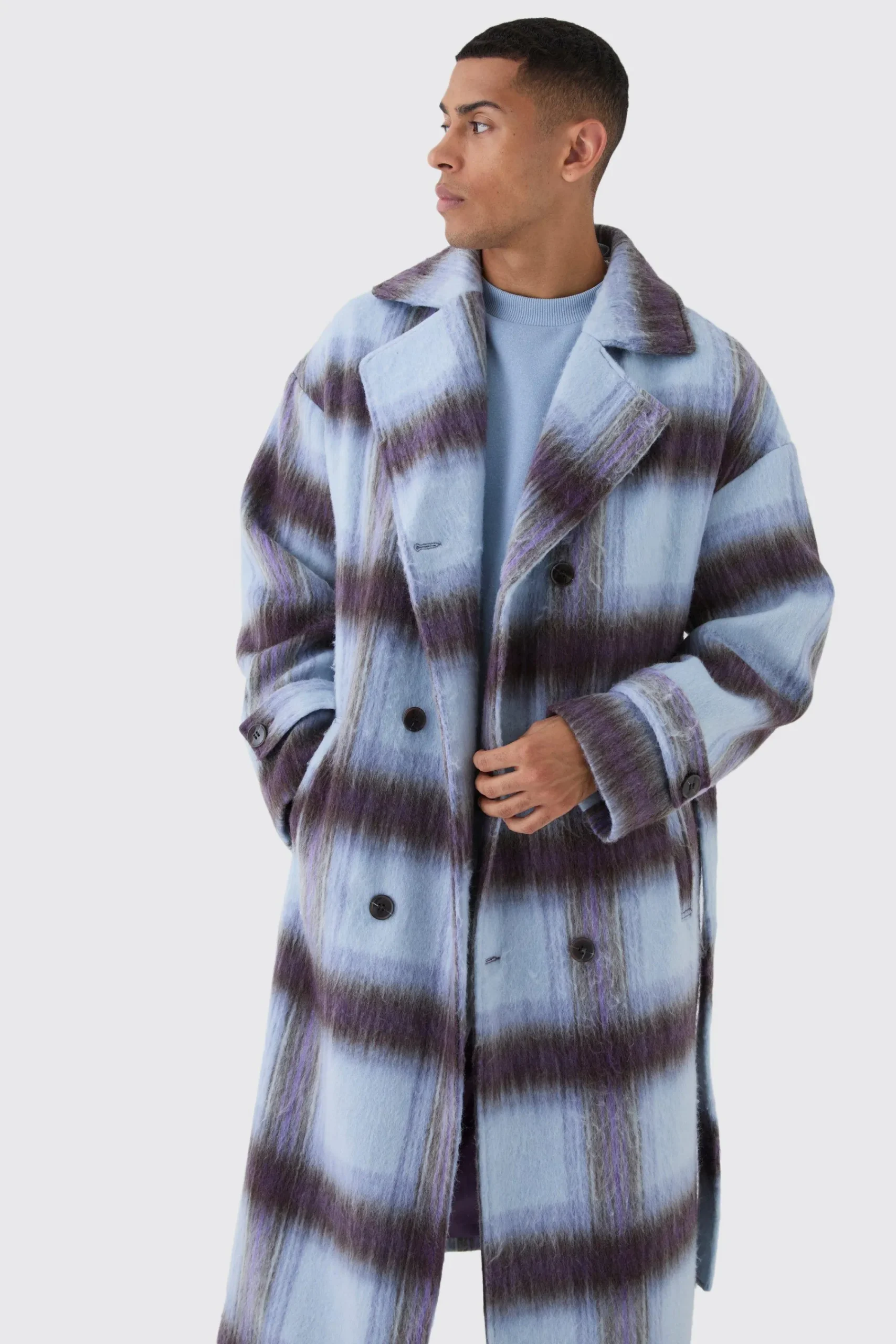 boohooMAN Oversized Double Breasted Brushed Check Overcoat In | UK| Coats & Jackets
