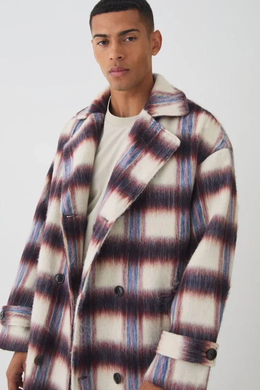 boohooMAN Oversized Double Breasted Brushed Check Overcoat In | UK| Coats & Jackets