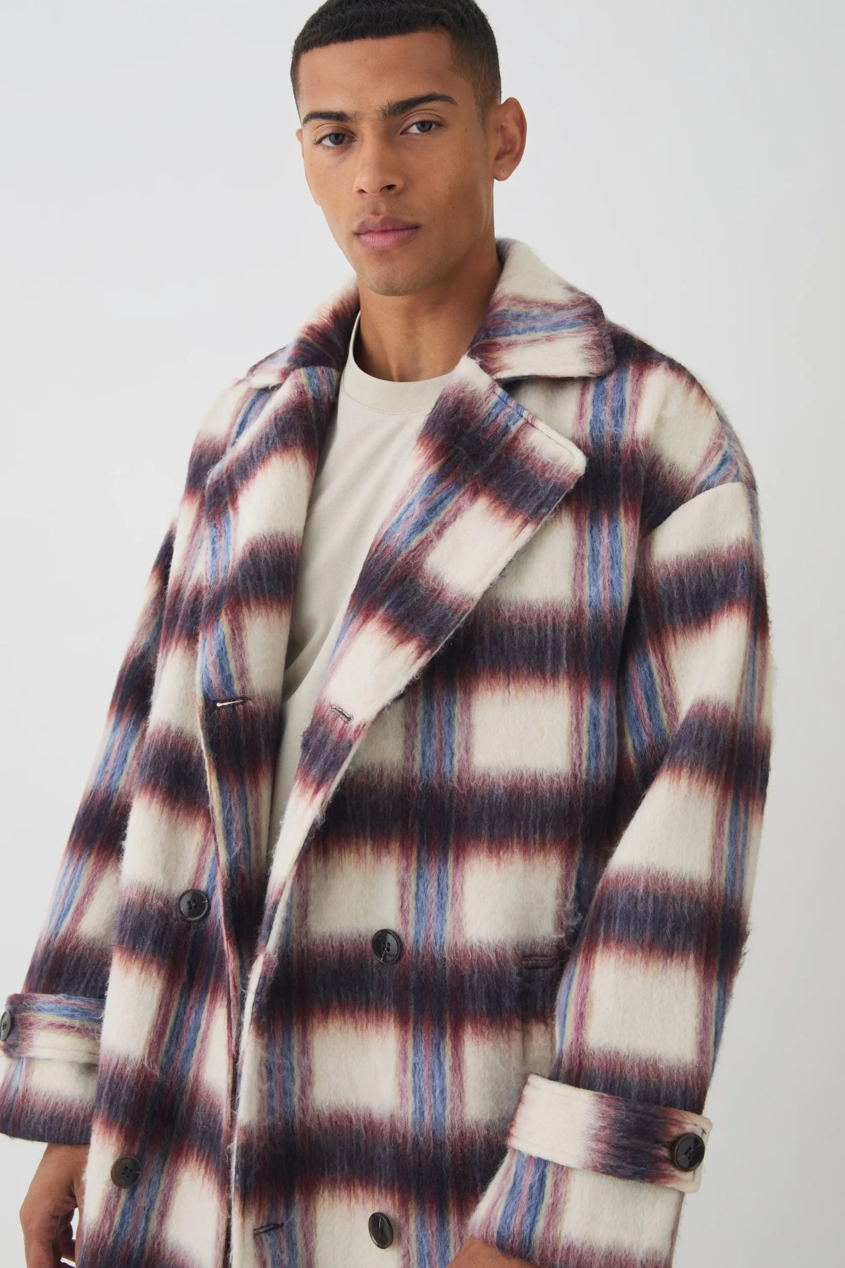 boohooMAN Oversized Double Breasted Brushed Check Overcoat In | UK| Coats & Jackets