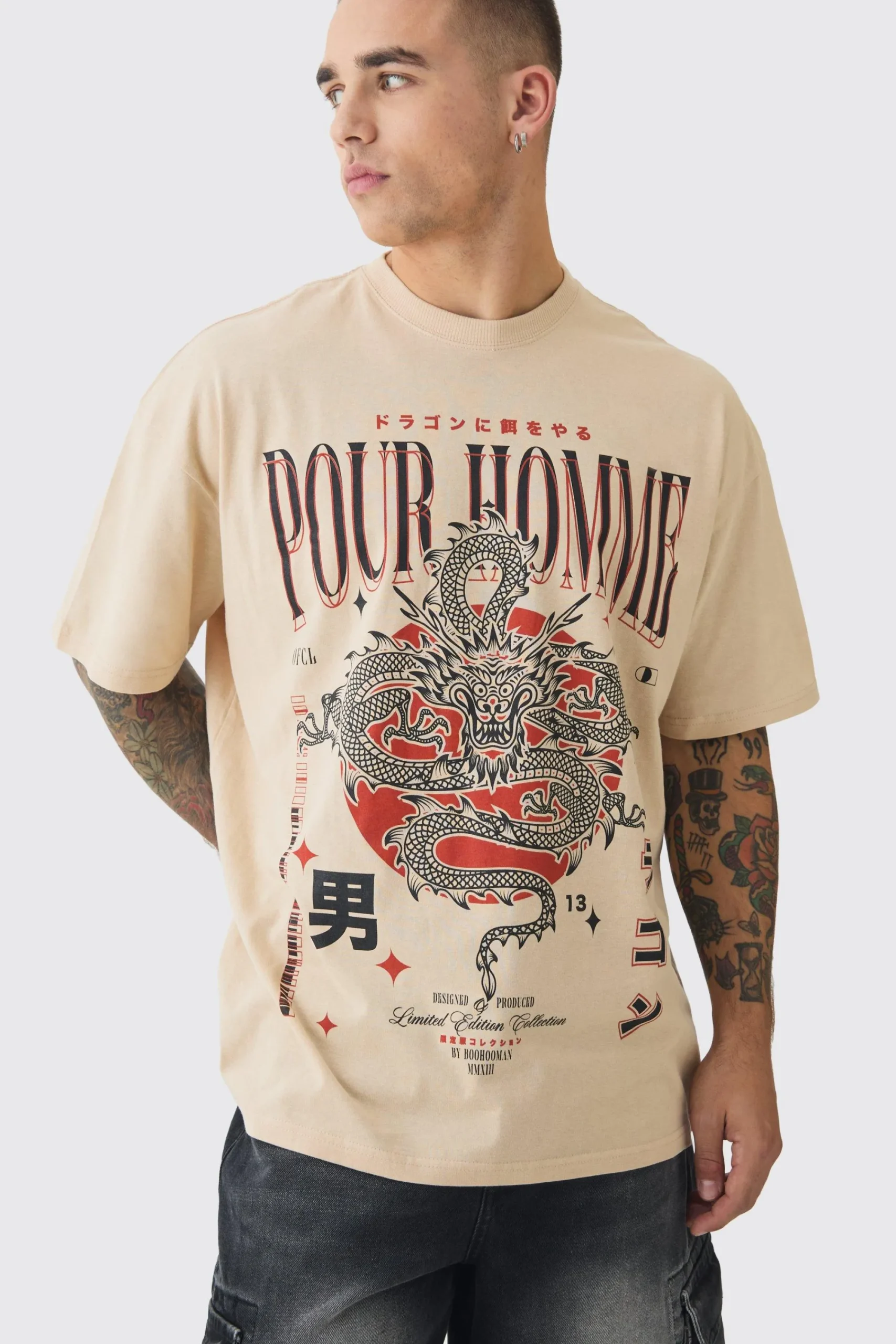 Oversized Dragon Print Wash T-shirt | UK^boohooMAN Online