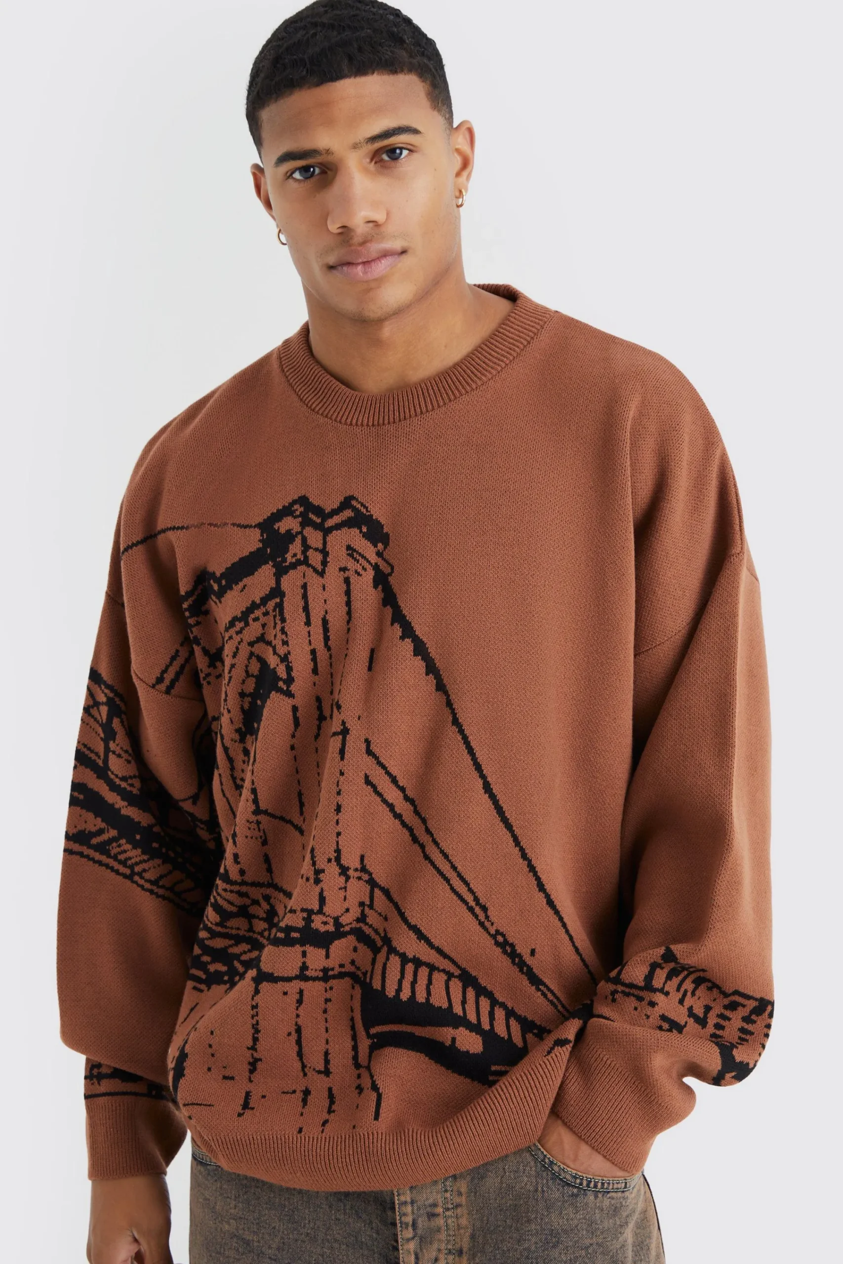 boohooMAN Oversized Drop Shoulder Line Graphic Jumper | UK| Knitwear