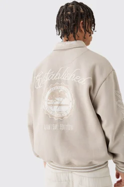 boohooMAN Oversized Embroidered Harrington Jersey Bomber Jacket | UK| Coats & Jackets