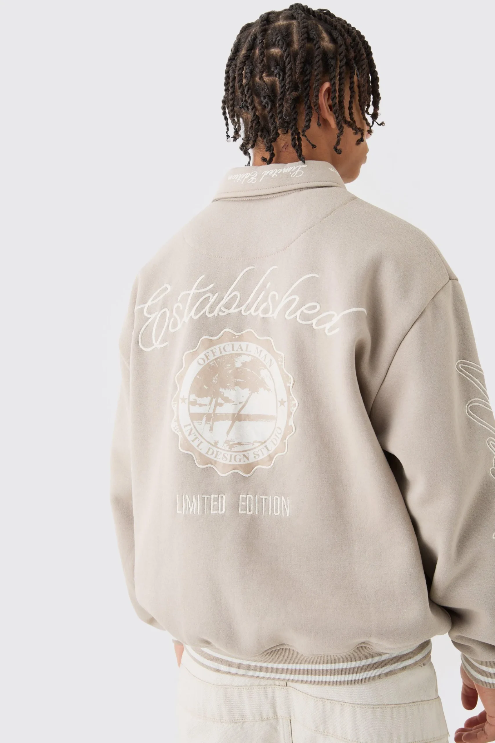 boohooMAN Oversized Embroidered Harrington Jersey Bomber Jacket | UK| Coats & Jackets