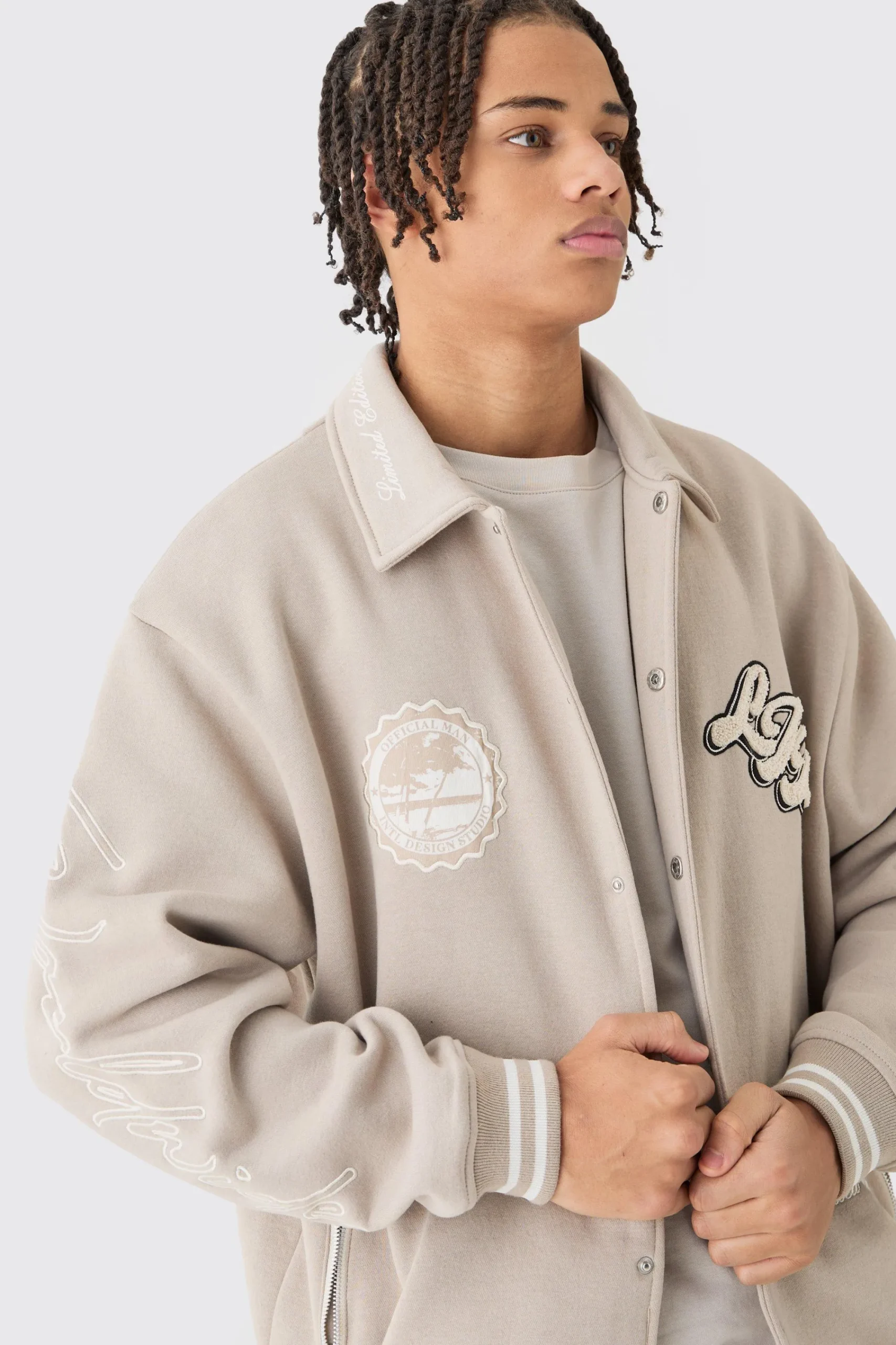 boohooMAN Oversized Embroidered Harrington Jersey Bomber Jacket | UK| Coats & Jackets
