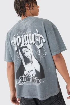 Oversized Extended Neck Acid Wash Embroidered T-shirt | UK^boohooMAN