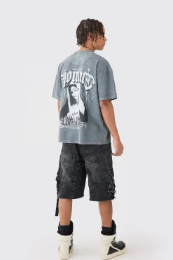 Oversized Extended Neck Acid Wash Embroidered T-shirt | UK^boohooMAN