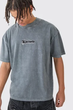 Oversized Extended Neck Acid Wash Embroidered T-shirt | UK^boohooMAN
