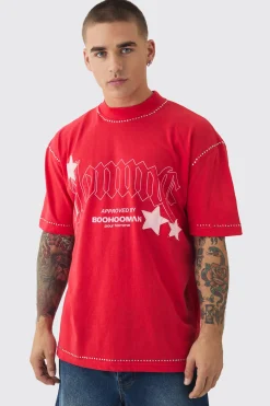 Oversized Extended Neck Applique Star Rhinestone T-shirt | UK^boohooMAN Outlet
