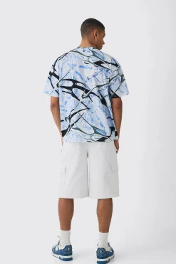 Oversized Extended Neck Abstract Print T-Shirt | UK^boohooMAN Sale