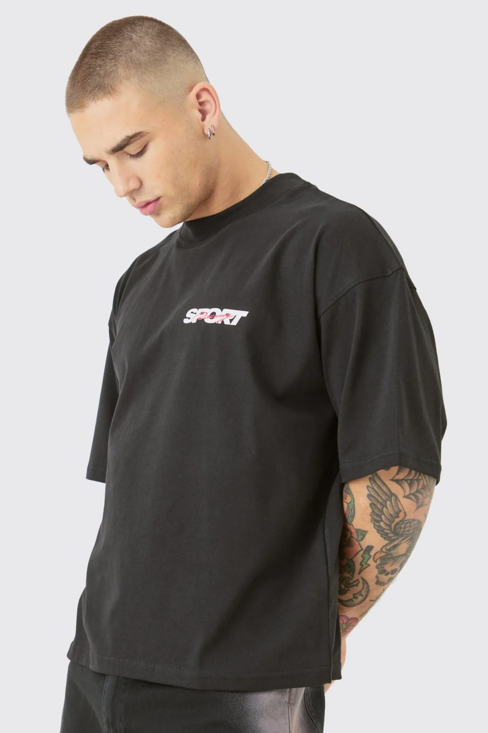 Oversized Extended Neck Boxy Racing Print T-shirt | UK^boohooMAN Clearance