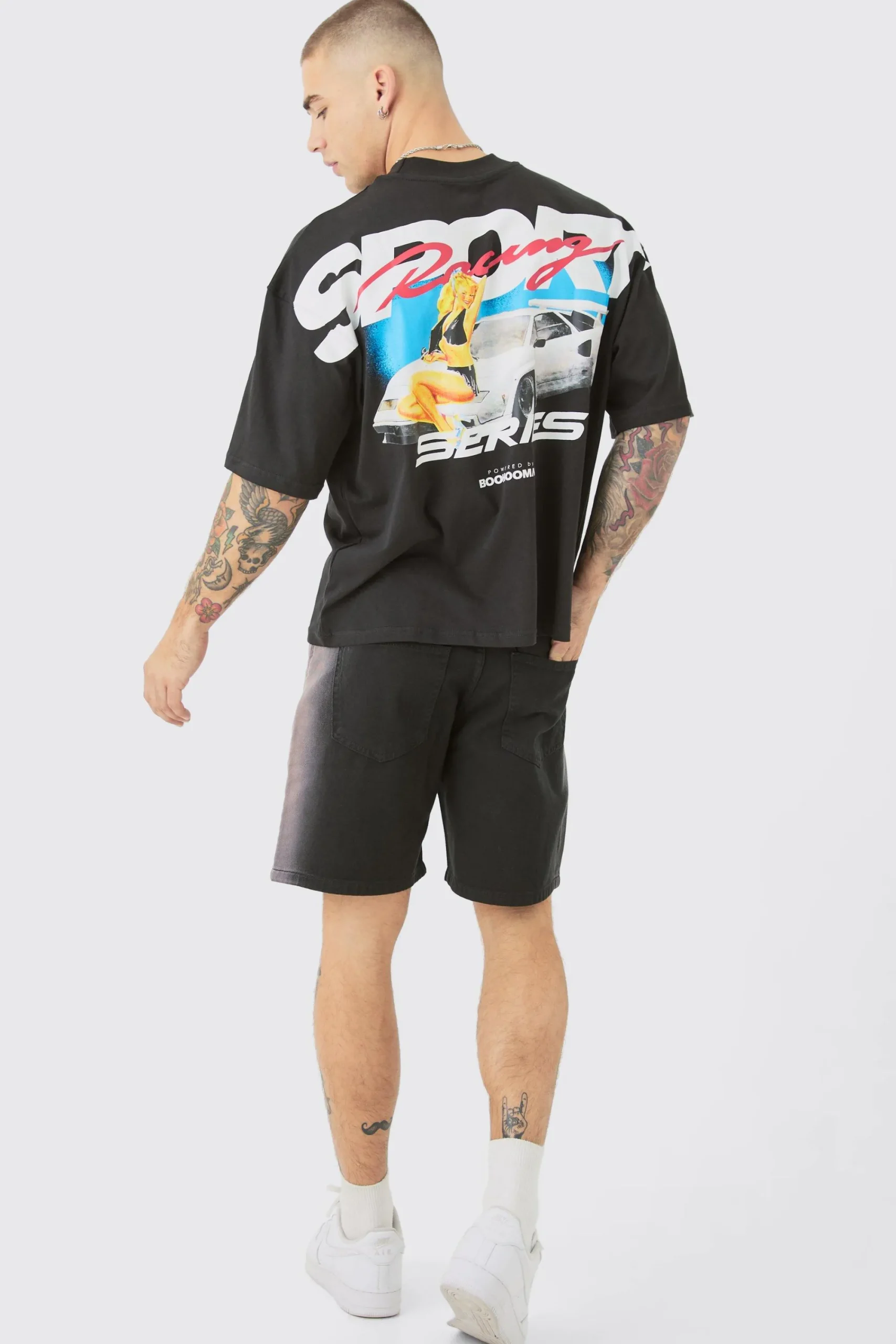 Oversized Extended Neck Boxy Racing Print T-shirt | UK^boohooMAN Clearance