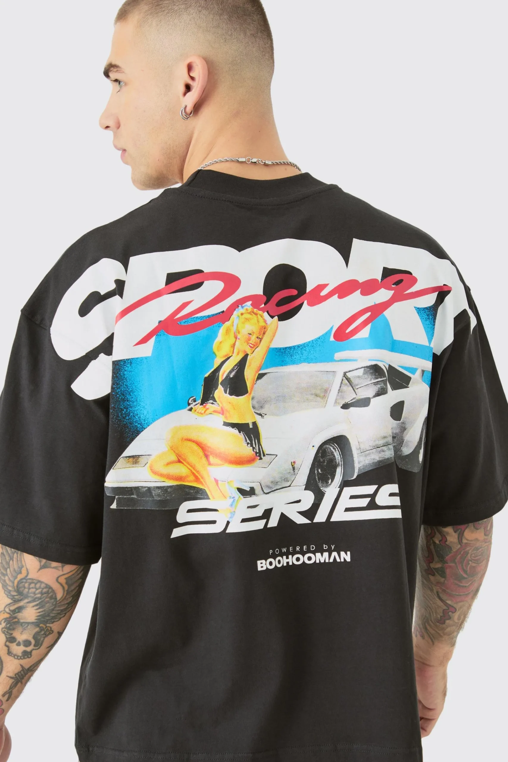 Oversized Extended Neck Boxy Racing Print T-shirt | UK^boohooMAN Clearance