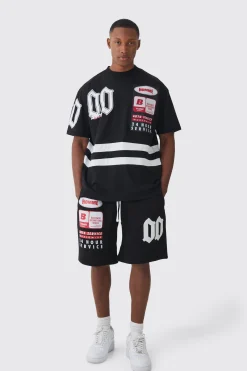 boohooMAN Oversized Extended Neck Boxy Applique Moto T-shirt & Short Set | UK| Sets & Co-Ords|Tracksuits
