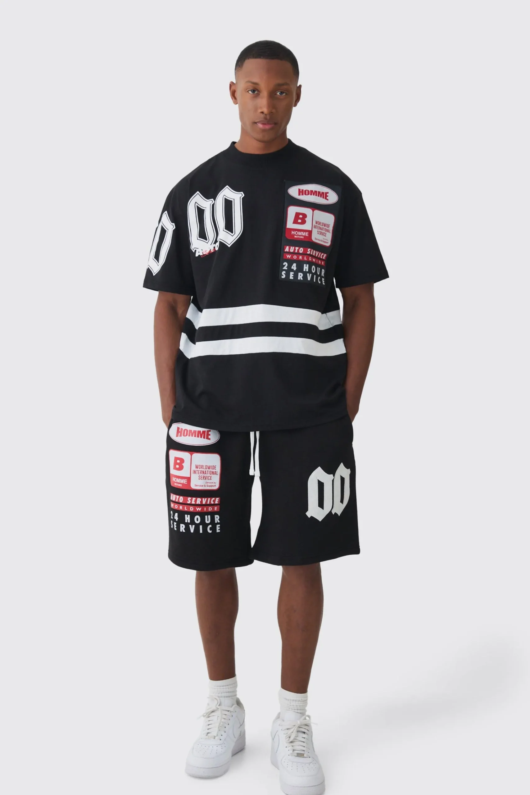 boohooMAN Oversized Extended Neck Boxy Applique Moto T-shirt & Short Set | UK| Sets & Co-Ords|Tracksuits