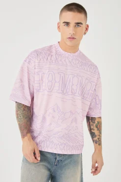 Oversized Extended Neck Boxy Homme Worldwide Mesh Print T-shirt | UK^boohooMAN Best