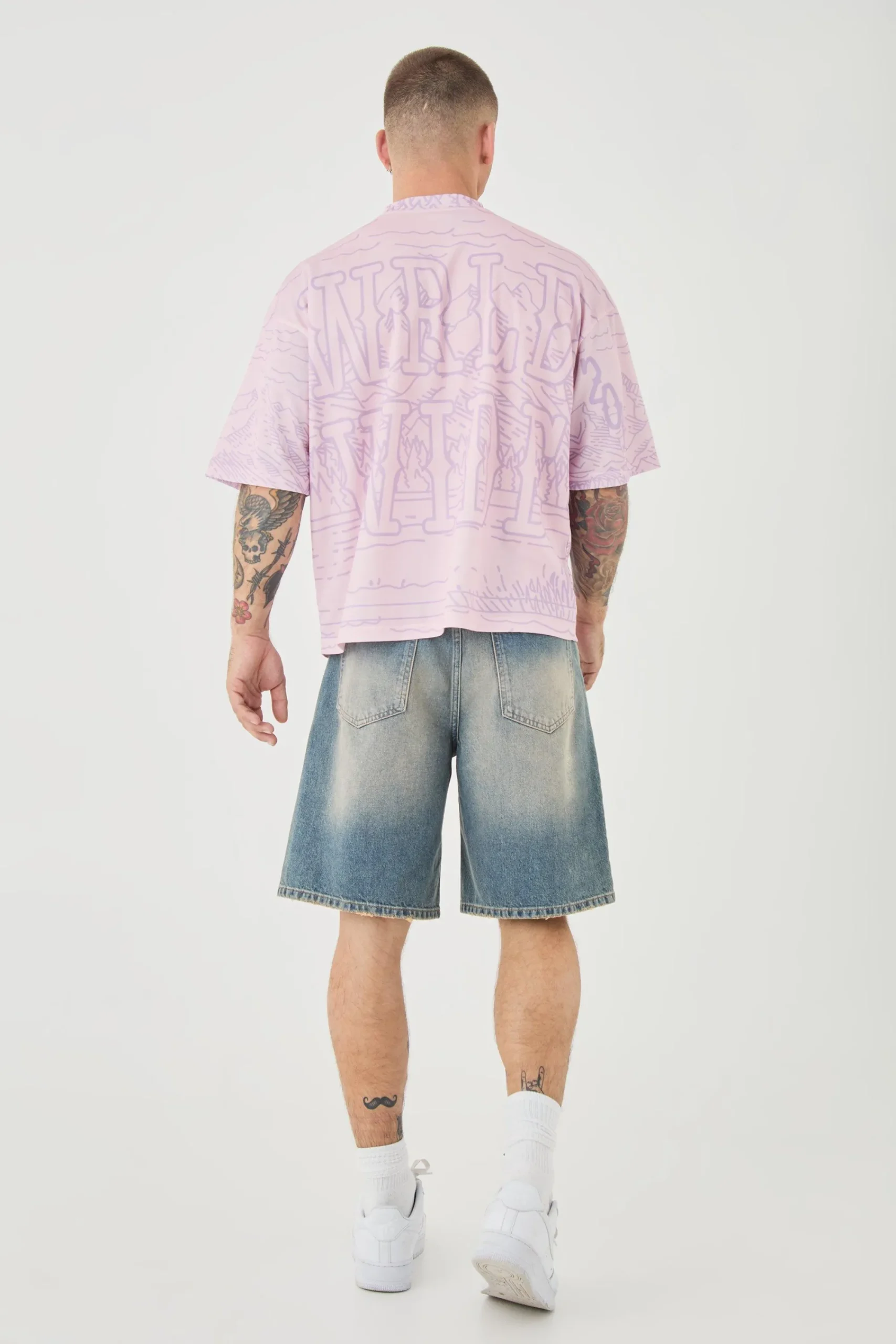 Oversized Extended Neck Boxy Homme Worldwide Mesh Print T-shirt | UK^boohooMAN Best