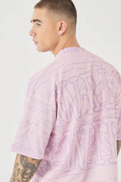 Oversized Extended Neck Boxy Homme Worldwide Mesh Print T-shirt | UK^boohooMAN Best