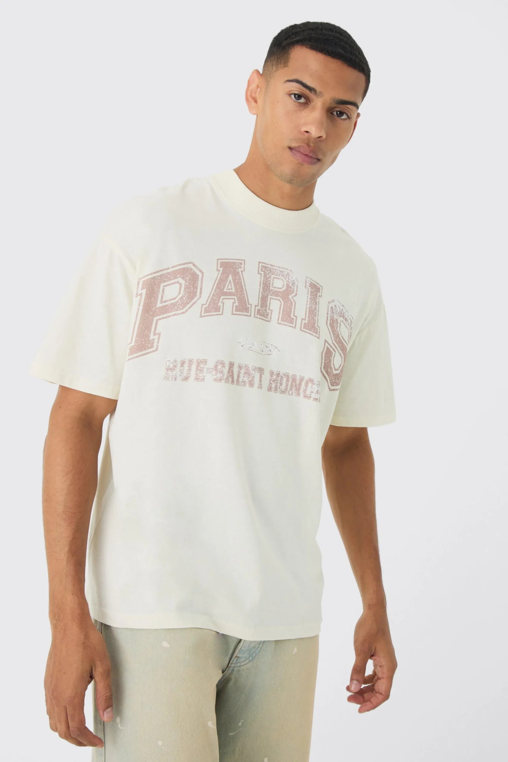Oversized Extended Neck Boxy Paris Print T-Shirt | UK^boohooMAN Clearance
