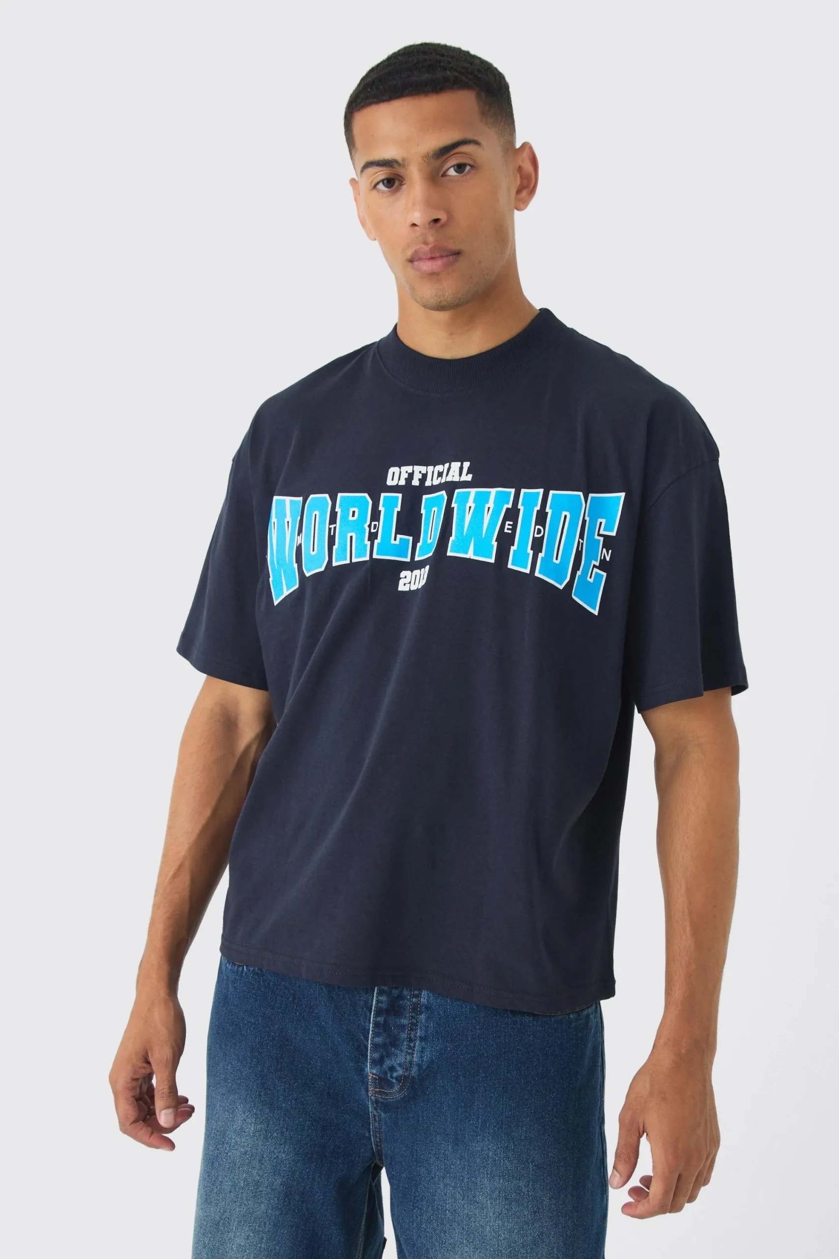 Oversized Extended Neck Boxy Worldwide Print T-Shirt | UK^boohooMAN Discount