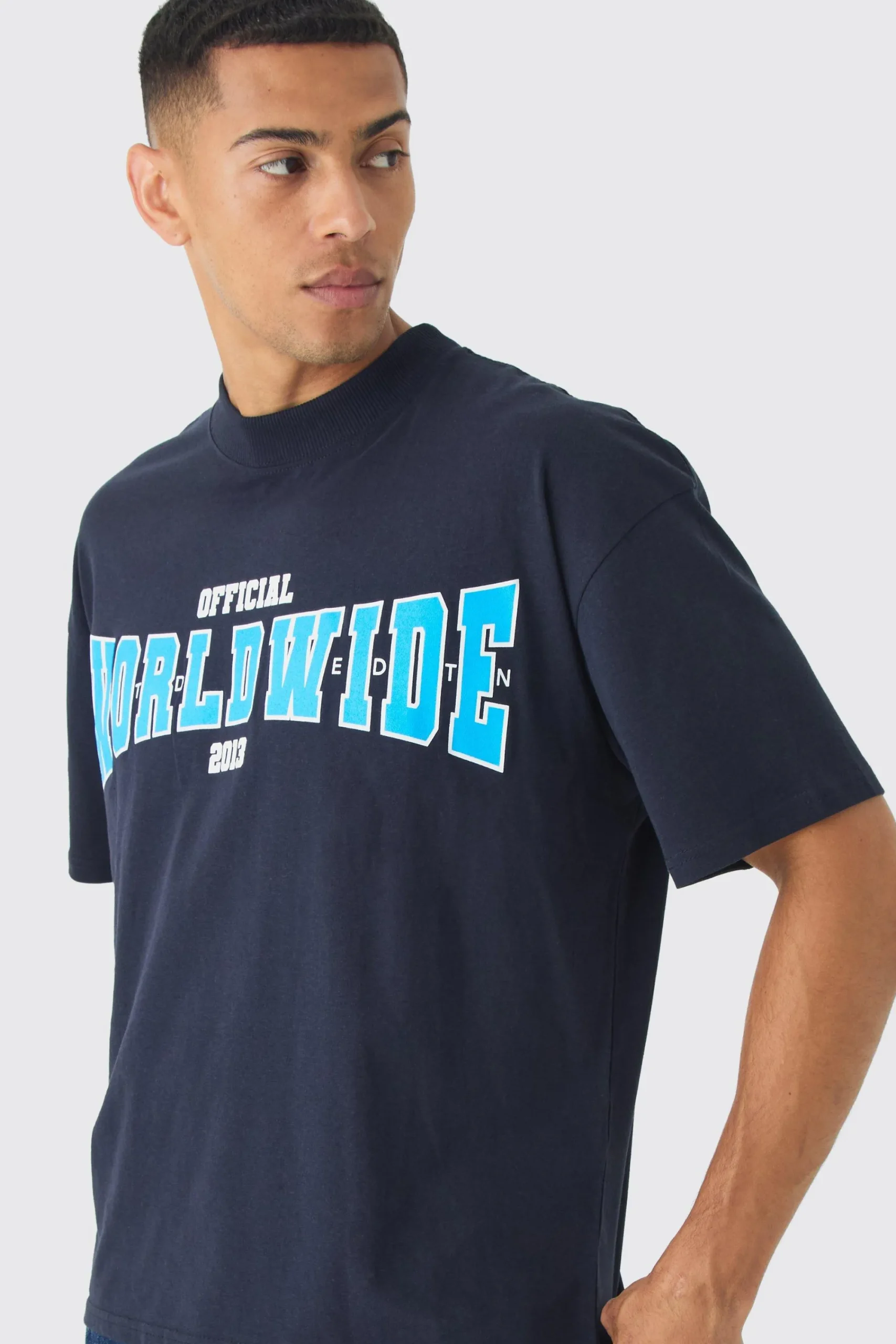 Oversized Extended Neck Boxy Worldwide Print T-Shirt | UK^boohooMAN Discount