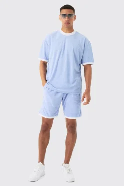 boohooMAN Oversized Extended Neck Contrast Towelling T-shirt & Shorts Set | UK| Tracksuits