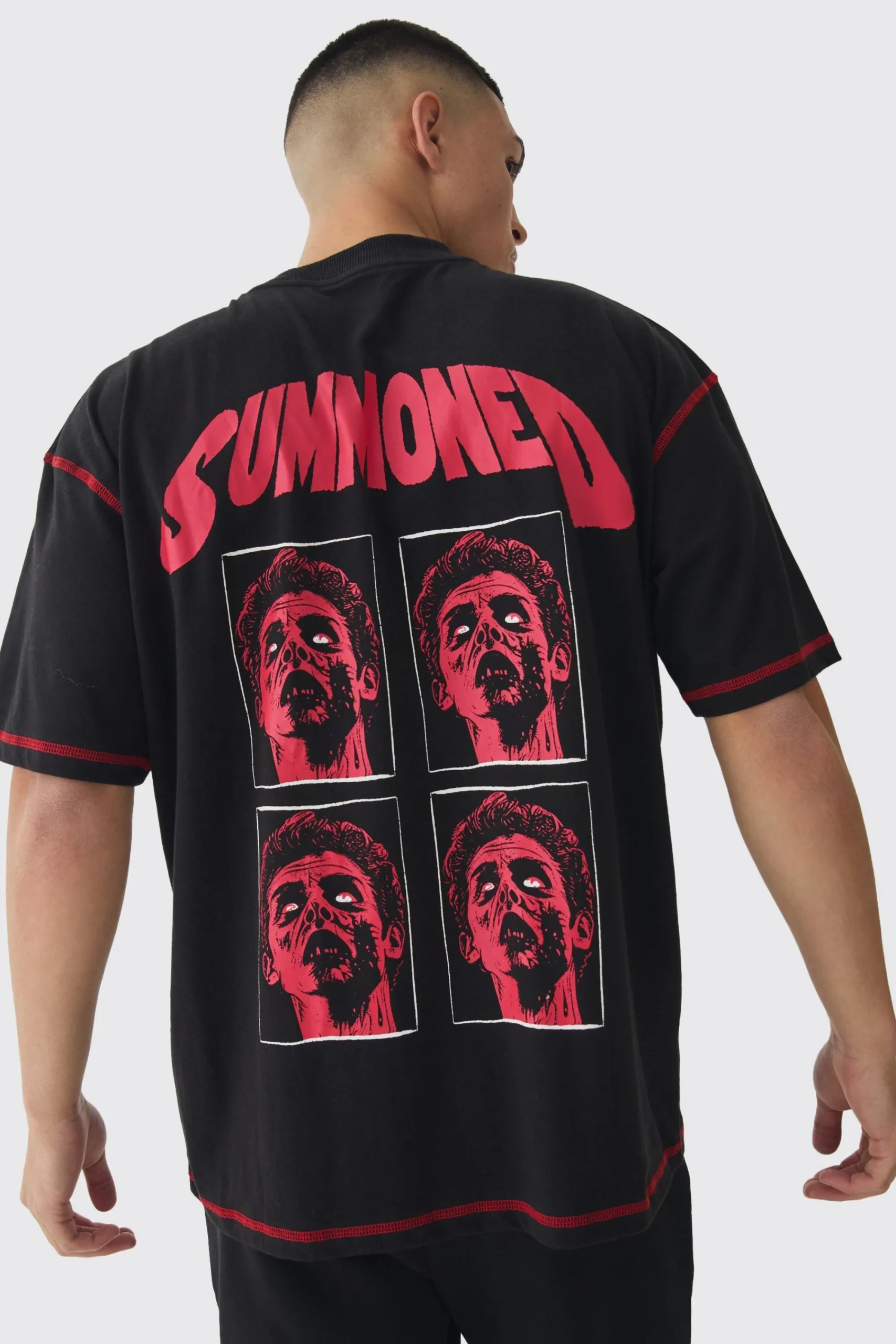 Oversized Extended Neck Contrast Stitch Summoned Print T-Shirt | UK^boohooMAN Sale