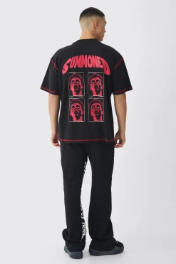 Oversized Extended Neck Contrast Stitch Summoned Print T-Shirt | UK^boohooMAN Sale