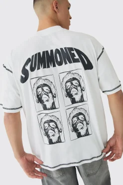Oversized Extended Neck Contrast Stitch Summoned Print T-Shirt | UK^boohooMAN Clearance