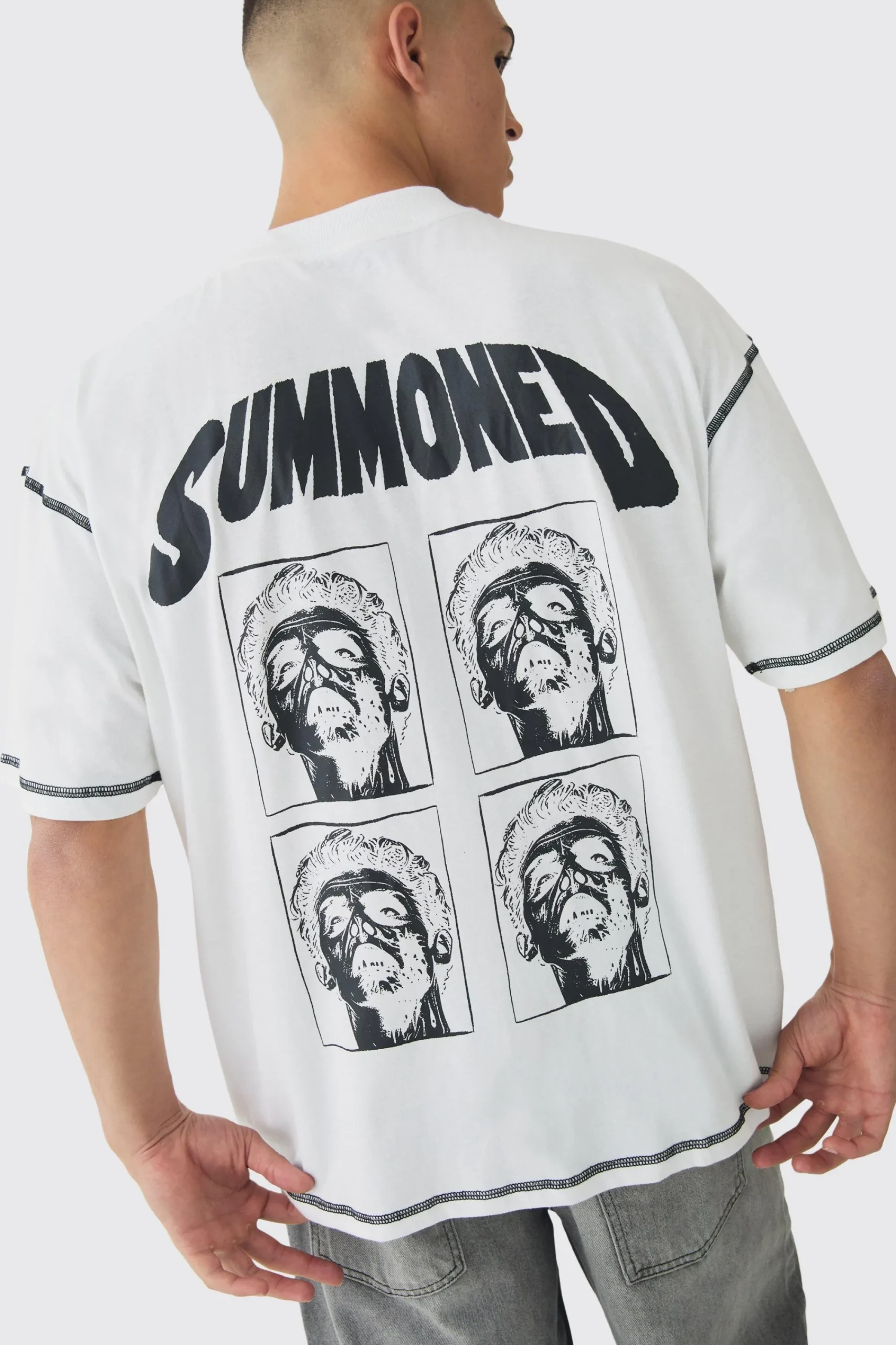 Oversized Extended Neck Contrast Stitch Summoned Print T-Shirt | UK^boohooMAN Clearance