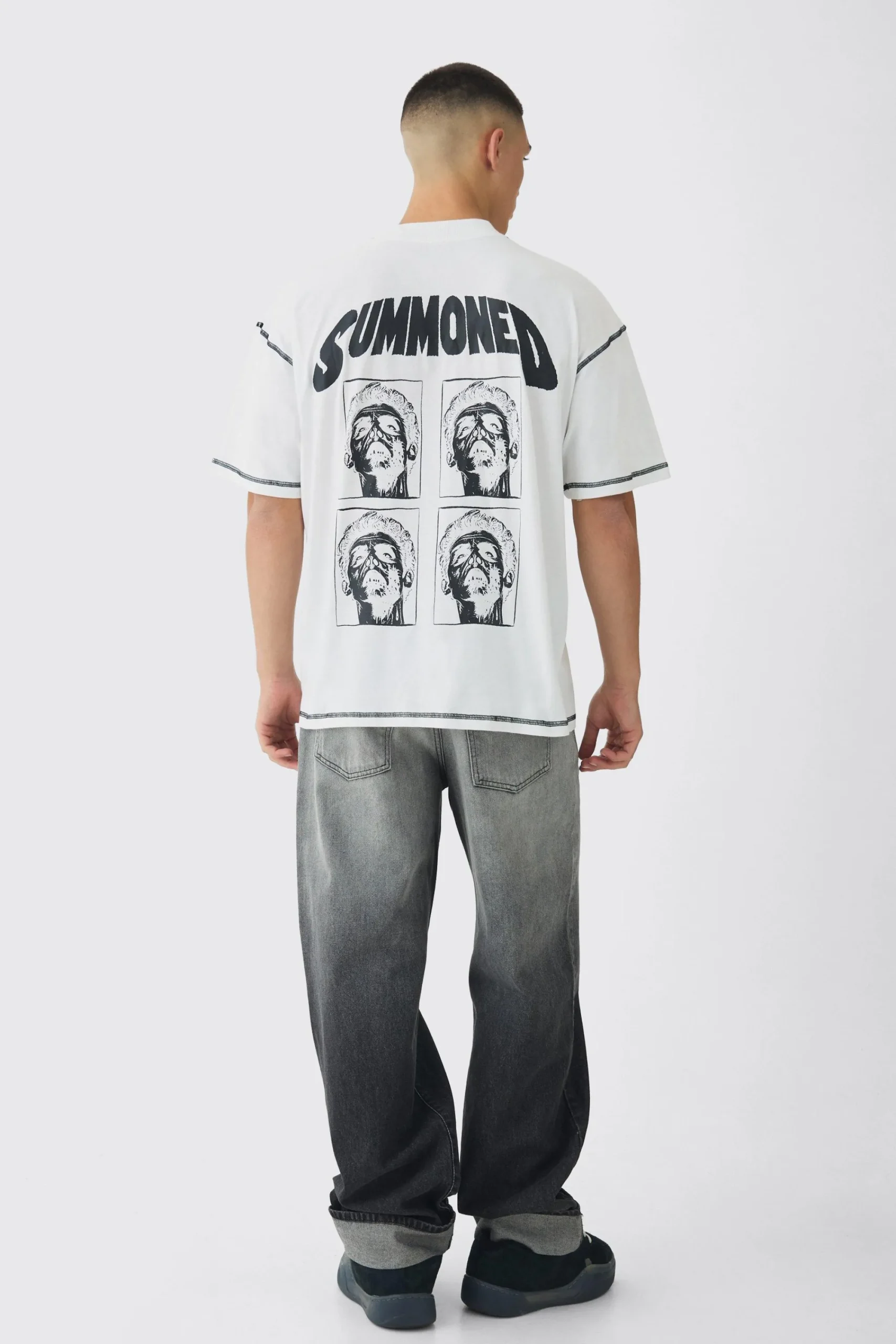 Oversized Extended Neck Contrast Stitch Summoned Print T-Shirt | UK^boohooMAN Clearance