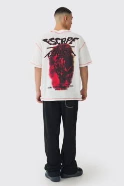 Oversized Extended Neck Contrast Stitch Graphic Print T-Shirt | UK^boohooMAN Best