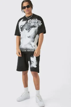boohooMAN Oversized Extended Neck Doves Large Graphic Shorts Set | UK| Sets & Co-Ords|Tracksuits