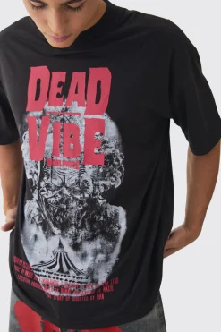 Oversized Extended Neck Dead Vibe Print T-Shirt | UK^boohooMAN Sale