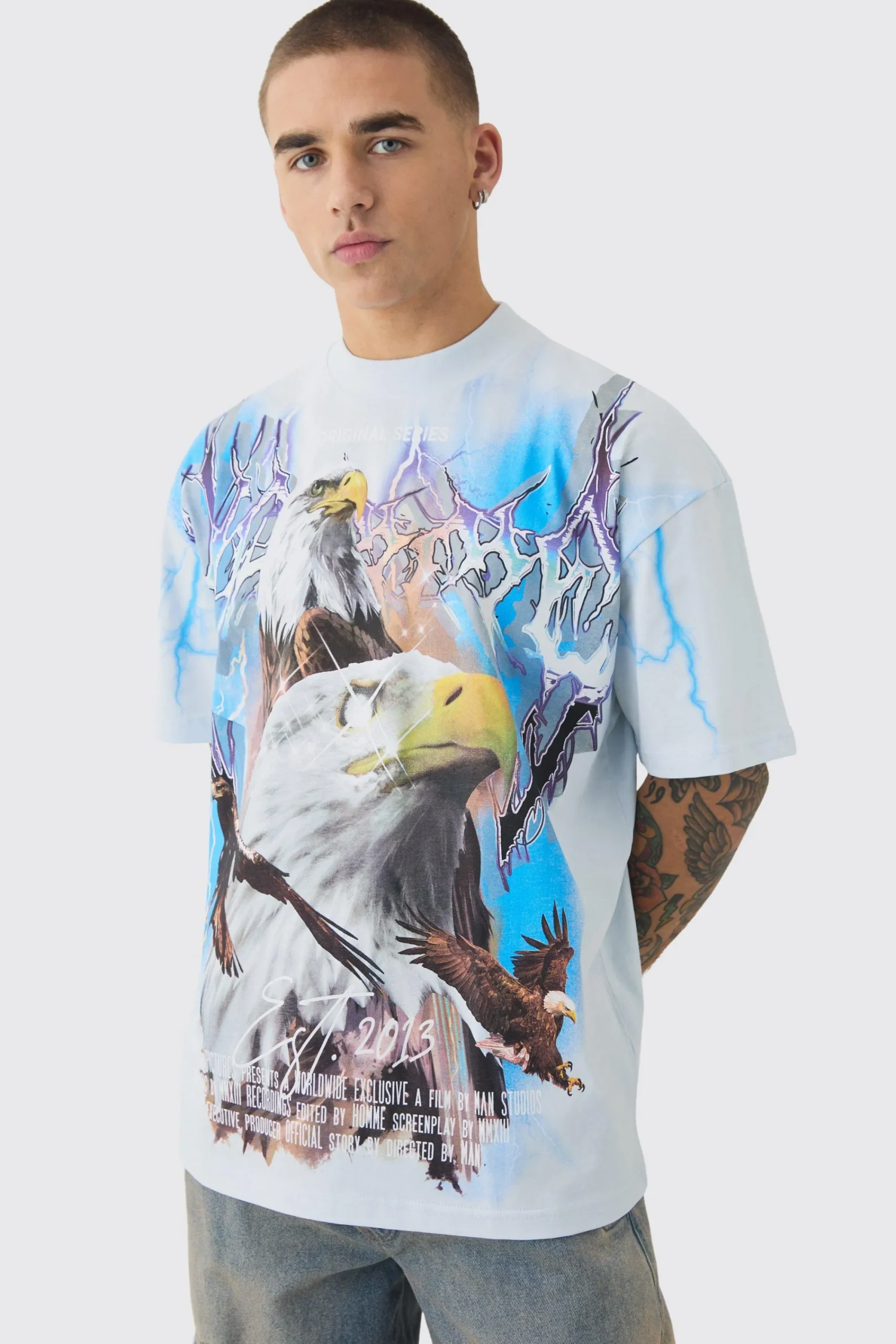 Oversized Extended Neck Extreme Lightning T-shirt | UK^boohooMAN Clearance