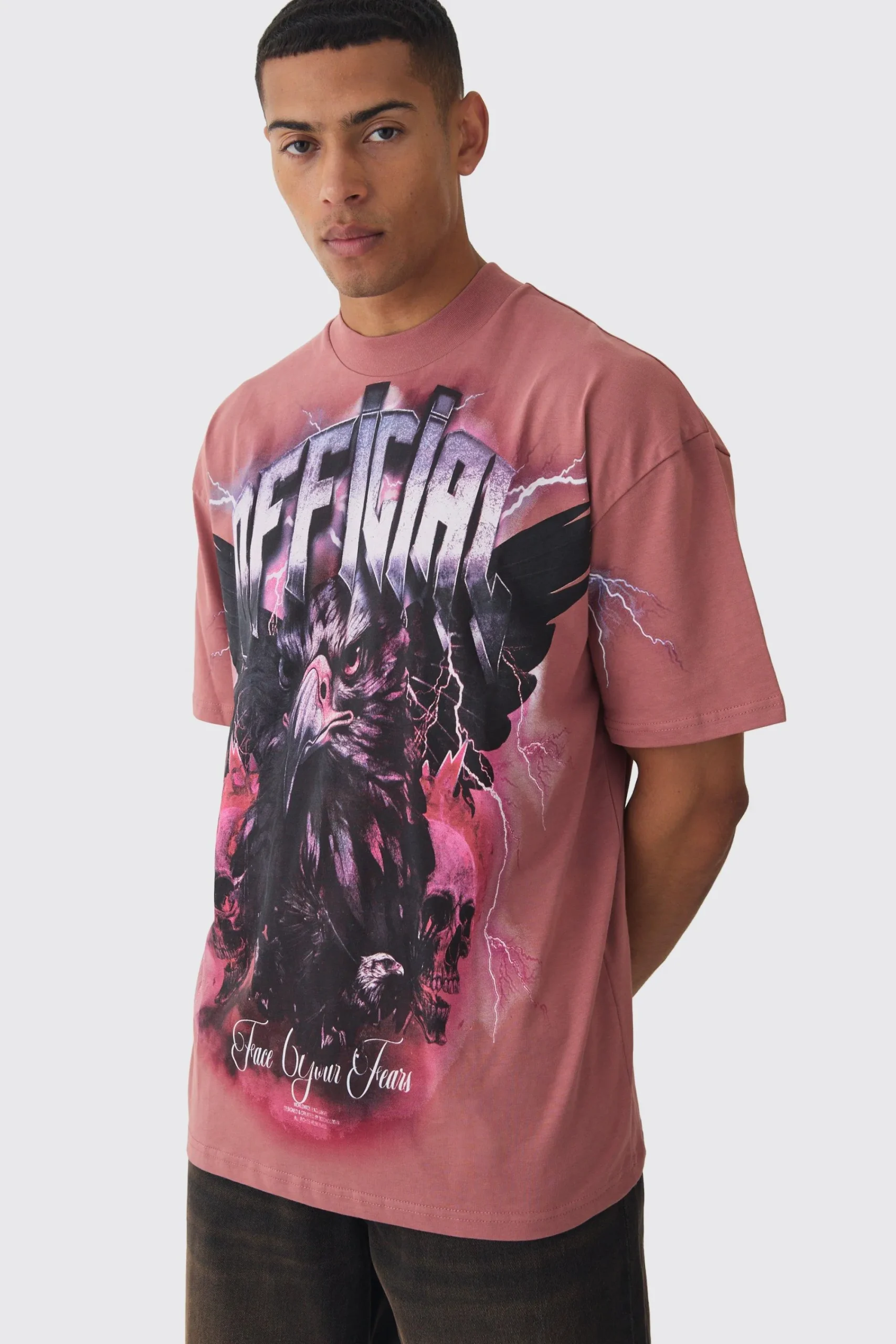 Oversized Extended Neck Extreme OFCL Eagle T-shirt | UK^boohooMAN Sale