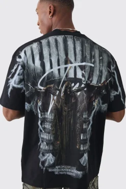 Oversized Extended Neck Extreme Gothic Back Graphic T-shirt | UK^boohooMAN Clearance