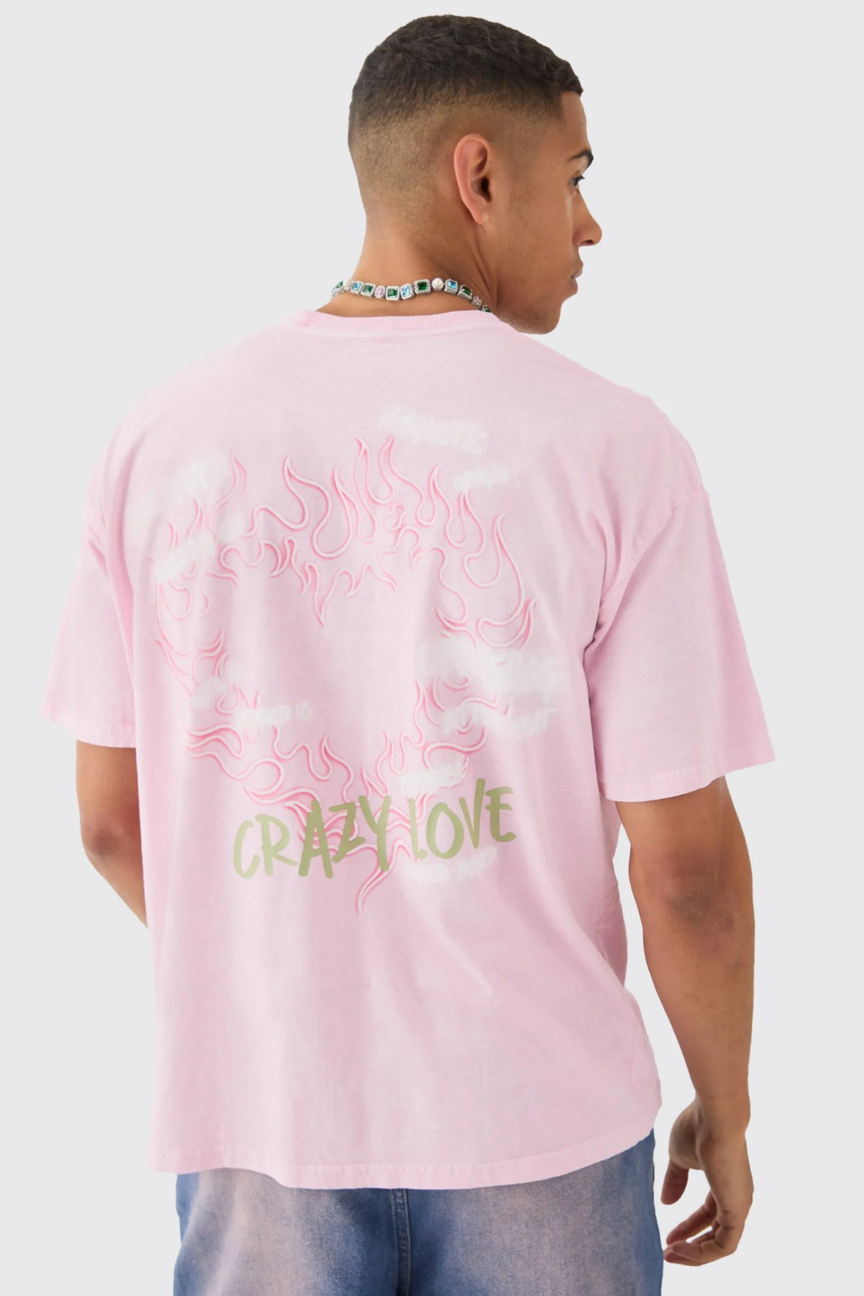 Oversized Extended Neck Flame Heart Wash Back Print T-shirt | UK^boohooMAN Outlet