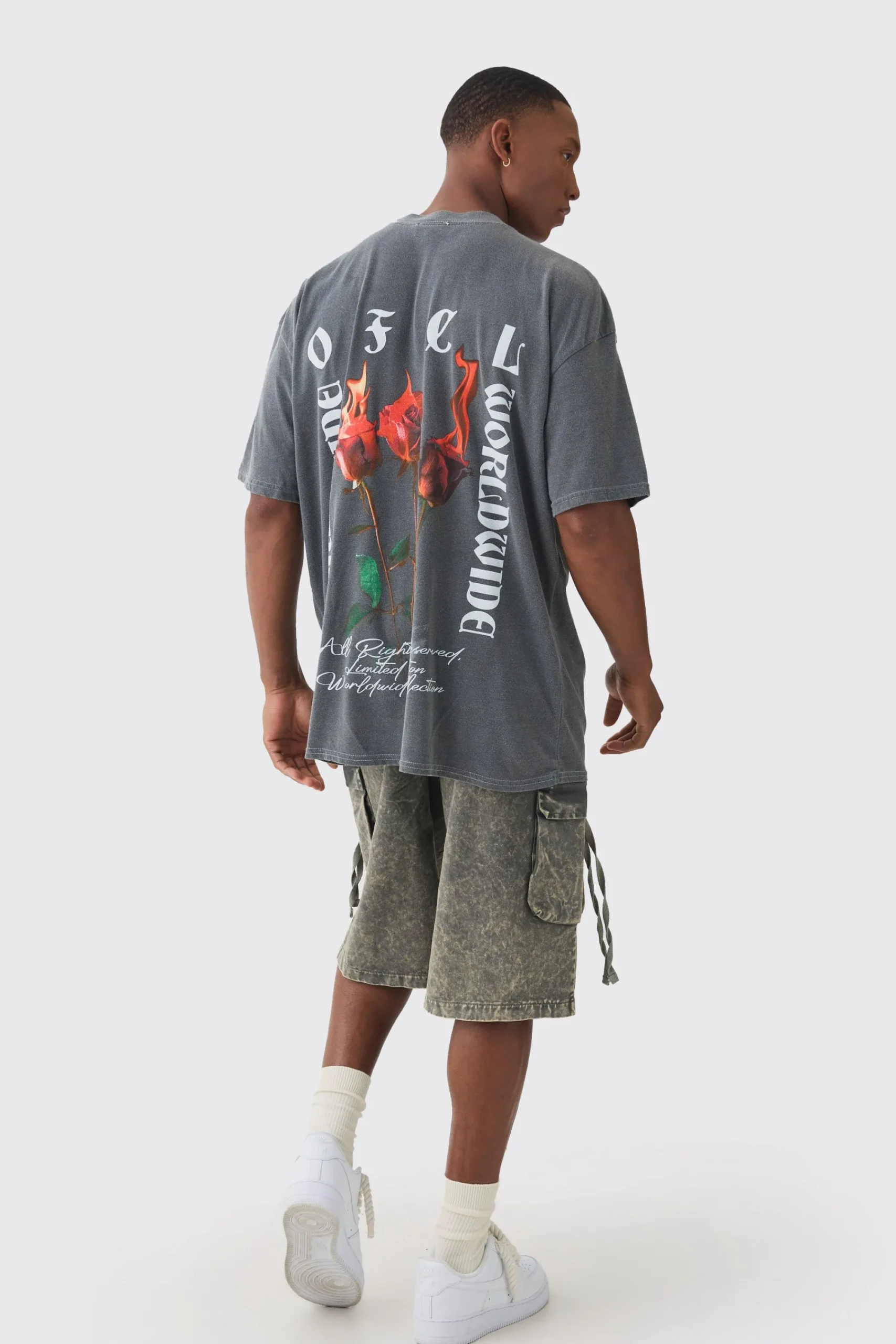 Oversized Extended Neck Flame Rose Print Washed T-shirt | UK^boohooMAN Outlet