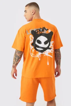 boohooMAN Oversized Extended Neck Graffiti T-shirt And Short Set | UK| Sets & Co-Ords|Tracksuits